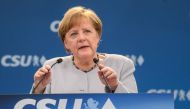 German Chancellor Angela Merkel delivers a speech during a joint campaigning event of the Christian Democratic Union (CDU) and the Christion Social Union (CSU) in Munich, southern Germany, on May 27, 2017.  AFP / Matthias Balk
