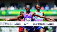 Mo Farah of Great Britain crosses the finish line to win the 5,000m during the 2017 Prefontaine Classic Diamond League at Hayward Field in Eugene, Oregon, yesterday.