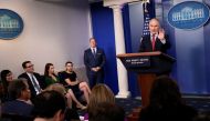 Environmental Protection Agency (EPA) Administrator Scott Pruitt (R) joins White House Press Secretary Sean Spicer (L) for the daily briefing at the White House in Washington, U.S., June 2, 2017. REUTERS/Jonathan Ernst