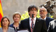 Catalonia's regional President Carles Puigdemont announces a referendum on a split from Spain outside the Palau de la Generalitat, the regional government headquarters, in Barcelona, Spain, June 9, 2017. REUTERS/Albert Gea