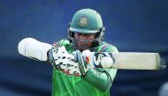 Bangladesh's Shakib Al Hasan plays a shot during the ICC Champions Trophy match against New Zealand in Cardiff, yesterday.