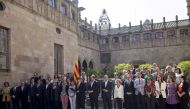 The President of the Catalan government, Carles Puigdemont (front) speaks to announce the date of the Catalonia's independence referendum, in the Palau de la Generalitat in Barcelona, Spain on June 09, 2017. The referendum will be held on October 01. ( Al
