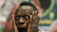 Jamaican sprinter Usain Bolt reacts during a press conference on June 26 , 2017 in Ostrava, ahead of Golden Spike athletics meeting event. (AFP / MILAN KAMMERMAYER)