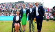 The 2017 inductees into the International Tennis Hall of Fame (From left) Monique Kalkman van den Bosch of the Netherlands, Kim Clijsters of Belgium, journalist Steve Flink of the US and Andy Roddick of the US pose for photographs after ceremonies in Newp