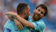 Barcelona’s Lionel Messi celebrates scoring their second goal with Paco Alcacer. (REUTERS/Vincent West)