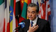 Wang Yi, Chinese Minister for Foreign Affairs, speaks before a meeting of the Security Council inside of United Nations (UN) headquarters in New York, on April 28, 2017. PHOTO: REUTERS.