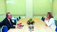 Foreign Affairs Minister of Turkey, Mevlut Cavusoglu (left), meets with EU High Representative Federica Mogherini during the Bled Strategic Forum in Bled, Slovenia, yesterday.