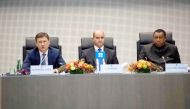 Russian Energy Minister Alexander Novak (left), Kuwaiti Oil Minister Essam Al Marzouk (centre) and Opec Secretary General Mohammed Barkindo of Nigeria at the Opec meeting in Vienna, yesterday.