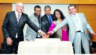 Indian Ambassador P Kumaran (centre); Dr Loui Al Fakhri (right), Head of Staff Training and Development Department at Al Ahli Hospital; Milan Arun (second right), President of ICC; Mohammed Yasir (second left), President of Indian Physiotherapy Forum Qata
