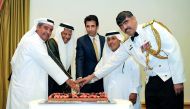 Sheikh Dr Fahad bin Abdulrahman Al Thani (second left); Brigadier Salem Hamad Al Nabit (left); 
Sheikh Ali bin Abdullah Al Thani (second right); Shahzad Ahmed (centre), Ambassador of Pakistan; and Commodore Irfan Taj, Defence Attache Pakistan Embassy, cu
