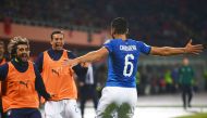 Italy's midfielder Antonio Candreva (R) celebrates after scoring a goal during the FIFA World Cup 2018 qualification football match between Albania and Italy at Loro Borici Stadium in Shkoder on October 9, 2017. / AFP / Dimitar DILKOFF
