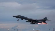 In this US Air Force image obtained from the US Defense Department, a US Air Force B-1B Lancers takes off from Andersen Air Force Base, Guam, to fly sequenced bilateral missions with two Japan Air Self-Defense Force (JASDF) F-15s and two Republic of Korea