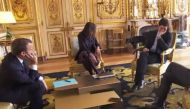 Nemo, the young dog adopted this year by France’s Emmanuel Macron, was caught on camera relieving himself on a gilded fireplace in the Elysee Palace behind a group of junior ministers meeting with the president.