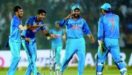 Indian cricketers celebrate after dismissing New Zealand’s Tom Latham during the third and final ODI at the Green Park Cricket Stadium in Kanpur yesterday. 