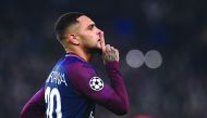 Paris Saint-Germain’s French defender Layvin Kurzawa celebrates after scoring one of his three goals during the UEFA Champions League match against Anderlecht (RSCA)  at the Parc des Princes Stadium in Paris yesterday.