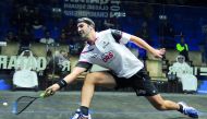 Germany’s Simon Rösner in action against the defending champion Karim Abdel Gawad of Egypt during the Qatar Classic 2017 Championship at the Khalifa International Tennis and Squash Complex in Doha yesterday. Picture: Anvar Sadat 