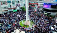 Palestinians participate in a march in the centre of the West Bank city of Ramallah to protest the 100th anniversary of Britain’s Balfour Declaration, which helped lead to Israel’s creation and the Israeli-Palestinian conflict. 