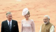 A photo of Belgium's King Philippe (L) and Queen Mathilde (C) as they are being welcomed by Indian Prime Minister Narendra Modi (R) during an official welcoming ceremony at the Indian Presidential Palace in New Delhi, India on November 07, 2017. Anadolu A