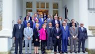Sheikh Dr Khalid bin Thani Al Thani (standing second right), QBA’s Second Deputy to the Chairman; and Hussein Al Fardan (standing third right), First Deputy to the Chairman at QBA with German dignitaries in Berlin, yesterday.