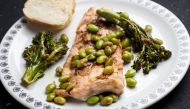 Arctic Char, Broccolini and Edamame With Soy-Ginger Sauce. (Photo by Deb Lindsey for The Washington Post)