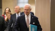 UN Special Envoy for Syria Staffan de Mistura arrives prior to a meeting during the UN-led Intra-Syrian talks in Geneva on November 30, 2017.  AFP / POOL / Xu Jinquan
