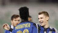 Al Sailiya players celebrate a goal against Al Duhail during their QSL match at Al Ahli Stadium yesterday. 