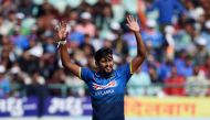 Sri Lankan cricketer Suranga Lakmal gestures during the first One day international (ODI) cricket match between India and Sri Lanka at the Himachal Pradesh cricket association stadium in Dharamshala on December 10, 2017.