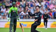 New Zealand's Todd Astle (R) celebrates Pakistan's Sarfraz Ahmed being caught with LBW watched by Pakistan's Fakhar Zaman (L) during the first one day international cricket match between New Zealand and Pakistan at Basin Reserve in Wellington on January 6