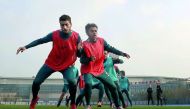 Qatari players in action during a training session on the eve of their AFC U-23 Asian Cup match against Vietnam in Changzhou, china yesterday. 