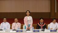 Myanmar's State Counselor and Foreign Minister Aung San Suu Kyi talks to media during their press briefing with New Mon State Party (NMSP) and Lahu Democratic Union (LDU), at National Reconciliation and Peace Centre (NRPC) in Naypyitaw, Myanmar, 23 Januar