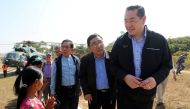 Surakiart Sathirathai (R), a former Thai foreign minister and chairman of the international advisory board on the crisis in Rakhine state, visits one of the camps set up by Myanmar's Social Welfare, Relief and Resettlement Minister for the repatriation of