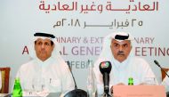 Abdullah bin Khalifa Al Attiya (right),Deputy Chairman of the Board of Directors, QIC  Group; with Sheikh Hamad bin Faisal bin Thani Al Thani, Board Member, during the Group’s Annual General Meeting, yesterday.  Pic: Abdul Basit/The Peninsula