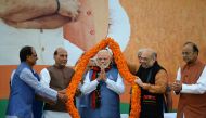 Indian Prime Minister Narendra Modi gestures during the state election results of three northeast states at the BJP headquarters in the Indian capital New Delhi on March 3, 2018. (AFP / SAJJAD HUSSAIN)