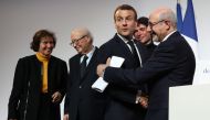 
Nazi hunters Beate and Serge Klarsfeld, French President Emmanuel Macron, French-Israeli lawyer Arno Klarsfeld and CRIF president Francis Kalifat attend the 33rd annual dinner of the Representative Council of Jewish Institutions of France (CRIF - Consei