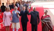France's President Emmanuel Macron (C) poses with India's President Ram Nath Kovind (2nd R), Macron's wife Brigitte (L), Kovind's wife Savita and India's Prime Minister Narendra Modi (2nd L) during a ceremonial reception in New Delhi on March 10, 2018. AF