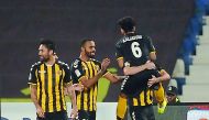 Qatar SC players celebrate their win over Al Khor in Round 20 of the QNB Stars League in Doha yesterday.