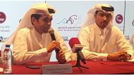 Qatar Cycling and Triathlon Federation President Dr Mohammed Al Kuwari (right) and Prof Dr Nasser Al Mohannadi, Board Member of QCTF, are seen during a press conference in Doha. 