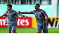 Al Duhail’s Youssef El Arabi celebrates after scoring against Lokomotiv Tashkent in the AFC Champions League match in Tashkent yesterday.
