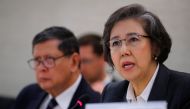 Special Rapporteur on the situation of human rights in Myanmar, Yanghee Lee (R) gives her report next to the President of the Fact-Finding Mission on Myanmar Marzuki Darusman, during the Human Rights Council at the United Nations in Geneva, Switzerland, M