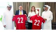 President of Qatar Football Association, Sheikh Hamad bin Khalifa bin Ahmed Al Thani, H E Ivonne Abdel baki, Ambassador of Ecuador to Qatar, and Ecuador’s Defence Minister, Patricio Zambrano Restrepo along with QFA Vice President Saoud Al Mohannadi pose f