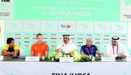 FROM LEFT: Ana Marcela of Brazil, Dutchman Ferry Weertman, President of the Qatar Swimming Association (QSA) Khaleel Al Jabir, FINA representative Samuel Greetman and Secretary General of QSA Talal Mubarak during a press conference yesterday.  Picture: Ka