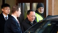 North Korean Foreign Minister Ri Yong Ho (C) leaves the Swedish goverment building Rosenbad in central Stockholm on March 16, 2018. AFP / TT News Agency / Vilhelm Stokstad 