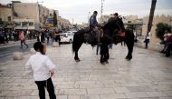 Mounted Israeli police is seen deployed outside Jerusalem's Old City's Damascus Gate, following an incident inside Jerusalem's Old City, March 18, 2018. Reuters/Ammar Awad