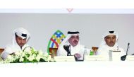 Ahmad Saif Al Sulaiti (centre), Vice Chairman, Nakilat, addressing the annual general assembly yesterday, as Abdullah Al Sulaiti (left), Nakilat’s Chief Executive Officer; and Ali Ahmed Al Kuwari, Board Member look on.