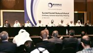 Mannai Corporation’s Board members and other officials at the company’s AGM, yesterday.   