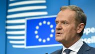 European council President Donald Tusk delivers a speech during a joint press conference on the second day of a summit of European Union (EU) leaders on March 23 2018, in Bruxelles. EU leaders on March 23 adopted negotiating guidelines for talks on the fu