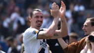 Los Angeles Galaxy forward Zlatan Ibrahimovic (9) claps after leading the Galaxy to a 4-3 win over Los Angeles FC at StubHub Center. Robert Hanashiro

