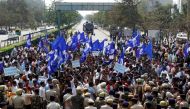 Police try to stop people belonging to the Dalit community as they take part in a protest during a nationwide strike called by Dalit organisations, in Chandigarh, India, April 2, 2018. REUTERS/Ajay Verma