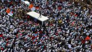 Indian members of the Darvida Munetra Kazhagam (DMK) political party and opposition groups shout slogans during a protest against the union government against the union government over a delay in the implementation of a water management board in Chennai o