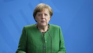 German Chancellor Angela Merkel and Serbian President Aleksandar Vucic (not seen) hold a joint press conference prior to their meeting in Berlin, Germany on April 13, 2018. ( Cüneyt Karada? - Anadolu Agency )